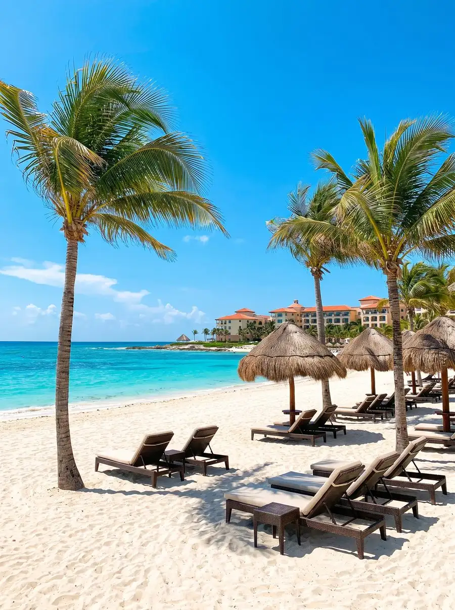 Playa turquesa del Caribe mexicano en Cancún con palmeras