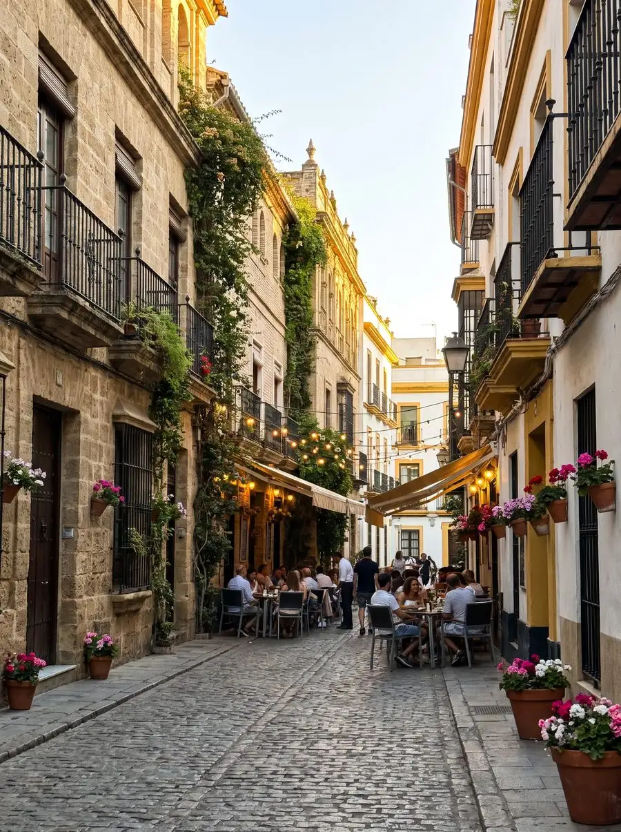 Calle histórica adoquinada de una ciudad europea
