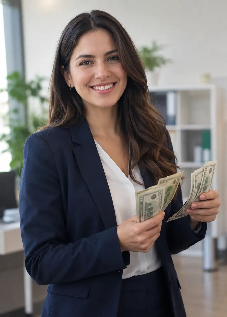 Persona contando billetes de dólares con una sonrisa en una sucursal Axen Cash